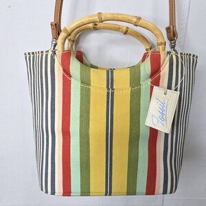 FOSSIL Sriped Canvas Crossbody Purse Bag Bamboo Handles Leather Detachable Strap